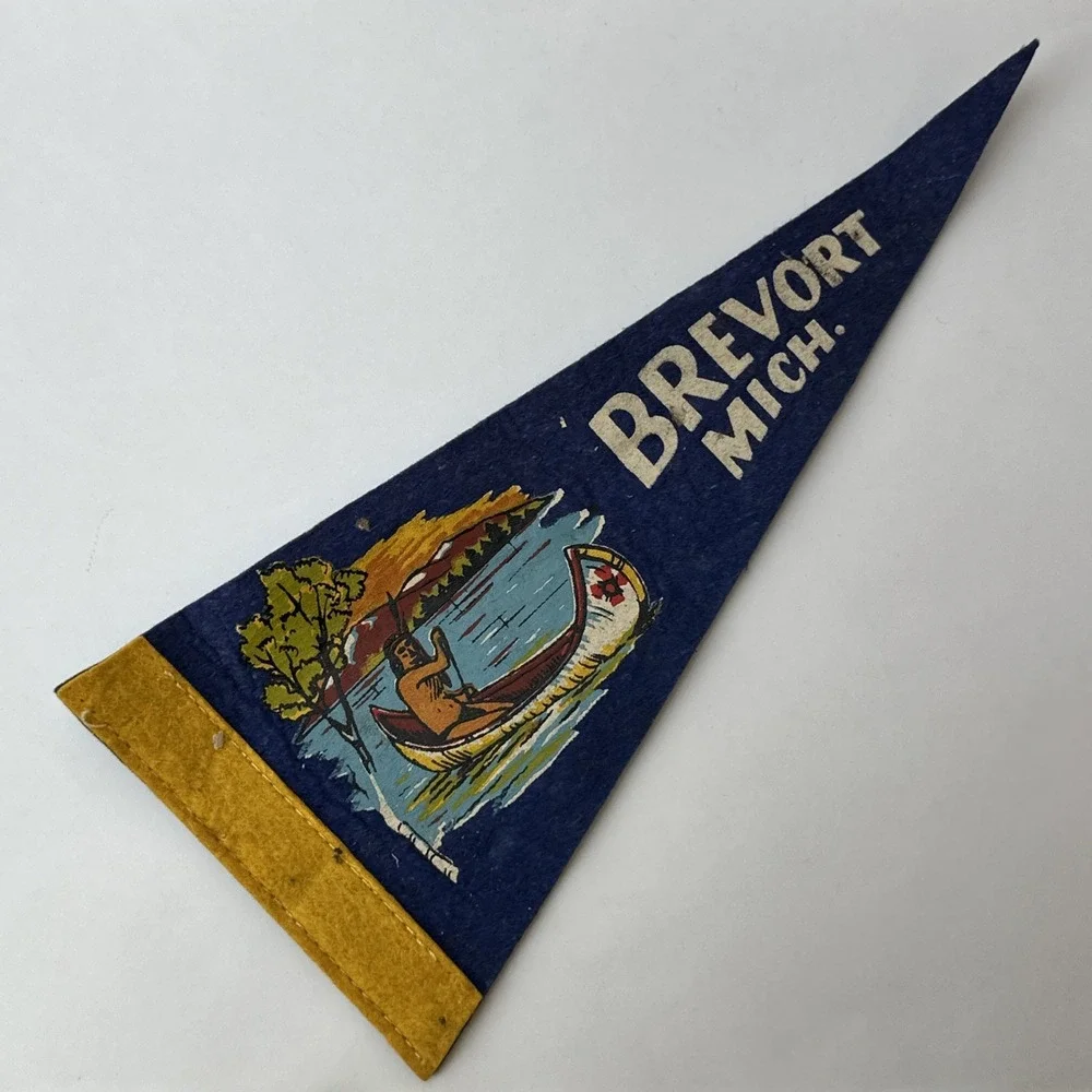 Brevort Michigan Souvenir Pennant Vintage Felt Flag Native American Canoe UP MI